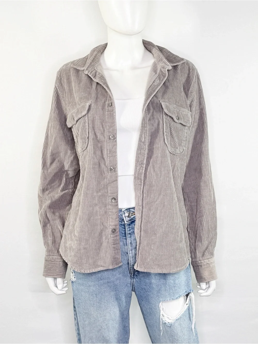 Reiss Gray Corduroy Button Down Shirt Size L Casual Summer Collared Long Sleeve